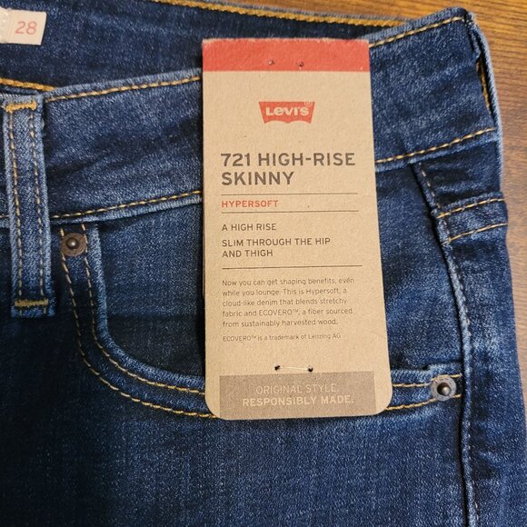 Levi's Jeans Sz 28 Hyper Soft 721 High Rise Skinny Medium Dark Wash Stretch NWT - Picture 4 of 11